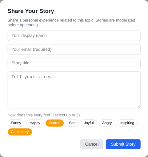 Share Story modal with emotion tags Scared and Cautionary selected